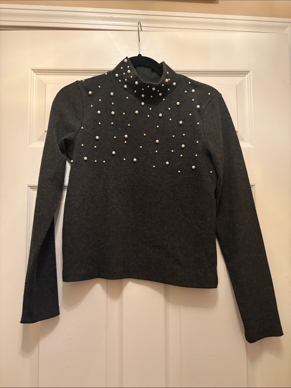 Zara Charcoal Mock Neck Sweater with Pearl Accents